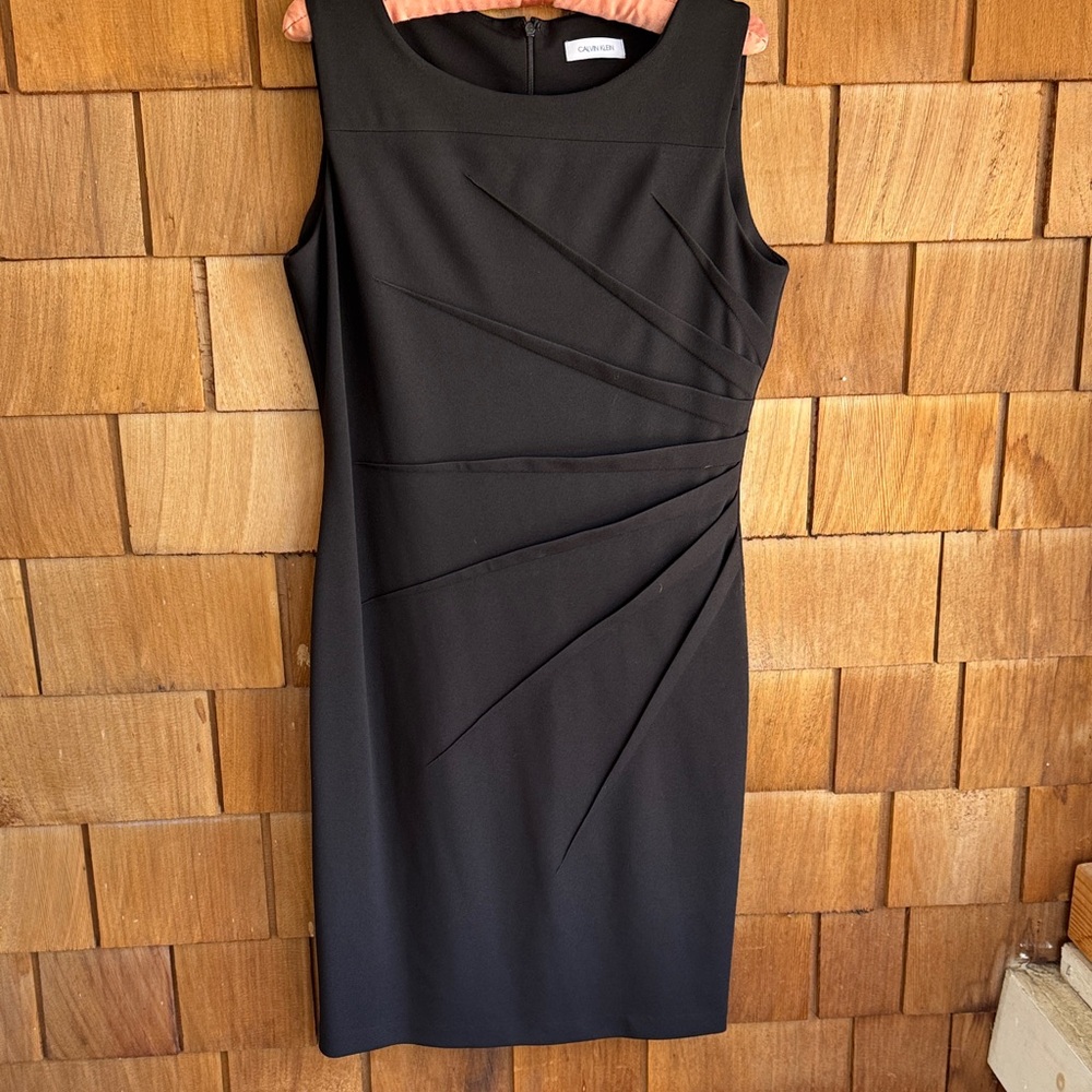 Calvin Klein Black Sleeveless Midi Sheath with Pleated Accents